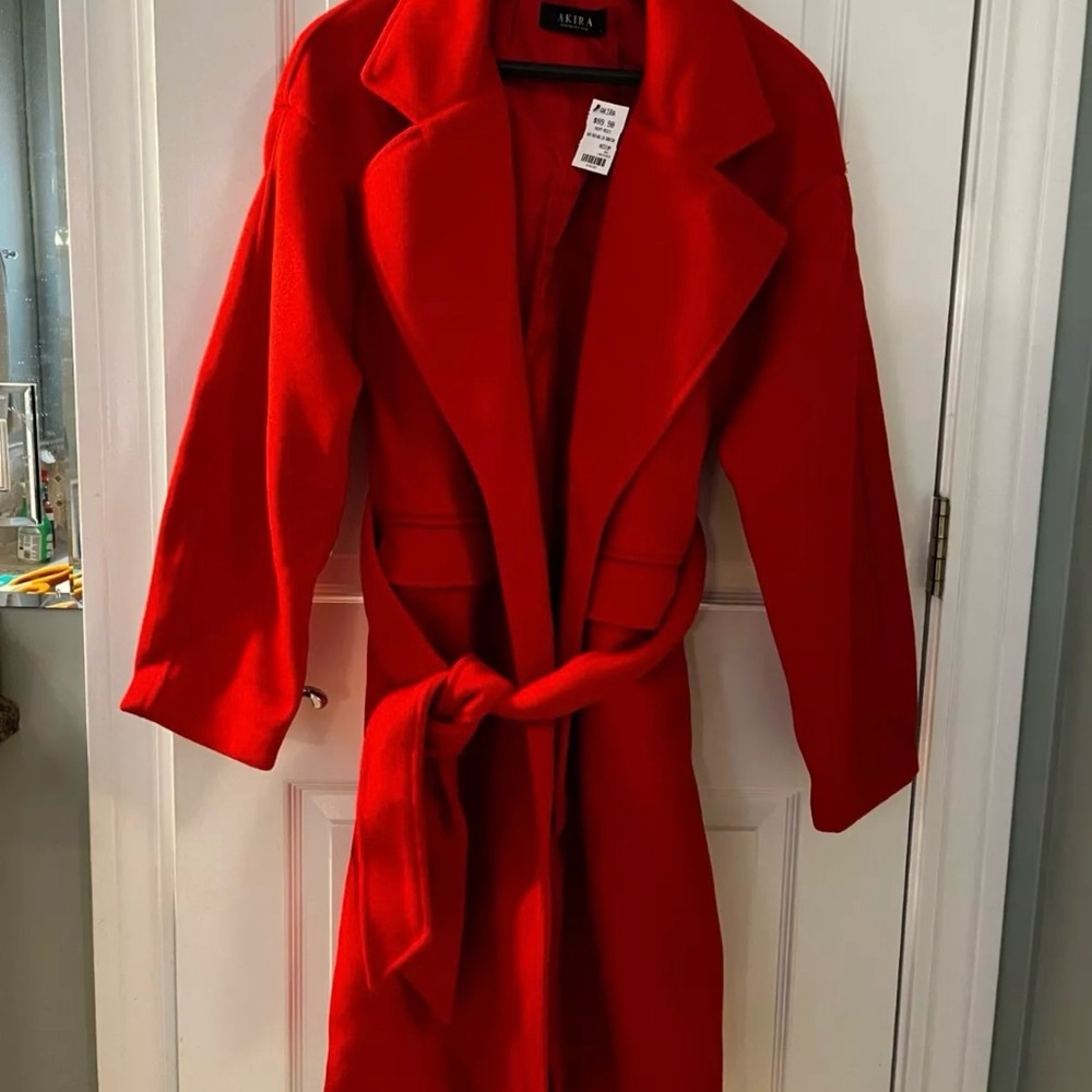 NWT Akira Red Belted Lined Wool like Trench Coat Medium